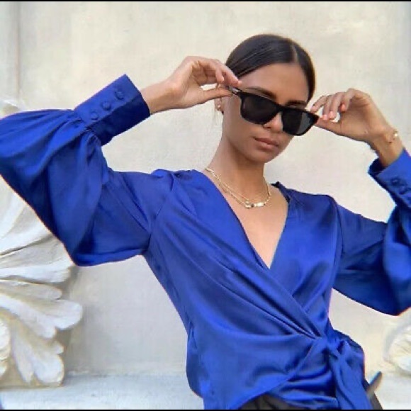 blue satin wrap top